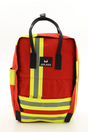 Laptop Rucksack rot gelb aus upgecycelter Feuerwehrkleidung 38x27x13cm