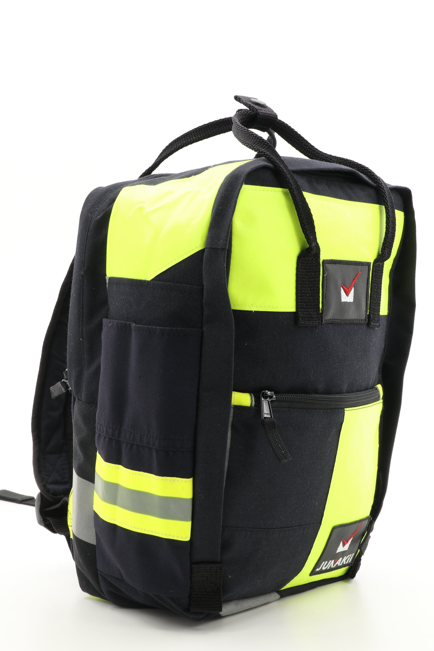 Laptop Rucksack schwarz gelb aus upgecycelter Feuerwehrkleidung 38x27x13cm