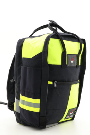 Laptop Rucksack schwarz gelb aus upgecycelter Feuerwehrkleidung 38x27x13cm