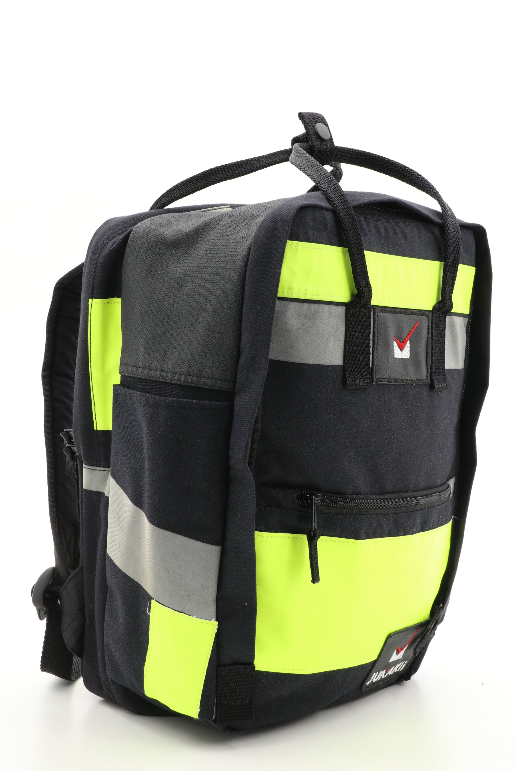 Laptop Rucksack schwarz gelb aus upgecycelter Feuerwehrkleidung 38x27x13cm