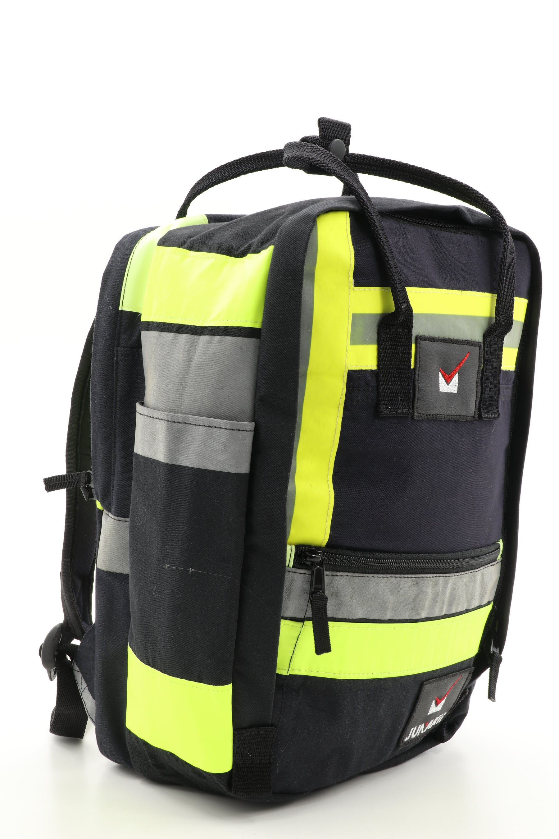 Laptop Rucksack schwarz gelb aus upgecycelter Feuerwehrkleidung 38x27x13cm