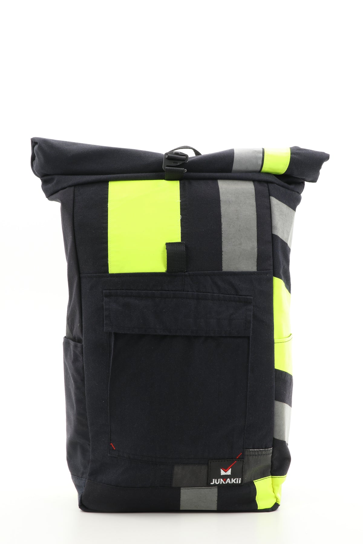 Rolltop Rucksack schwarz gelb aus upgecycelter Feuerwehrkleidung 63x27x17cm