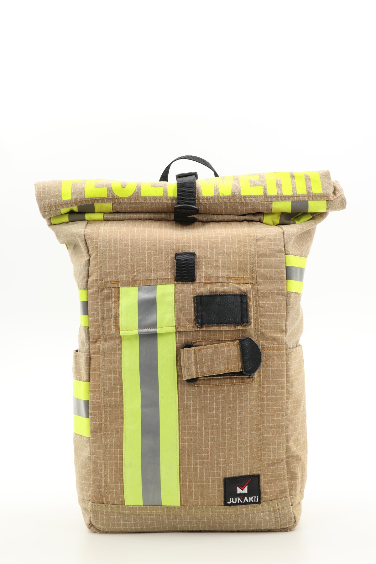 Rolltop Rucksack beige aus upgecycelter Feuerwehrkleidung 63x27x17cm