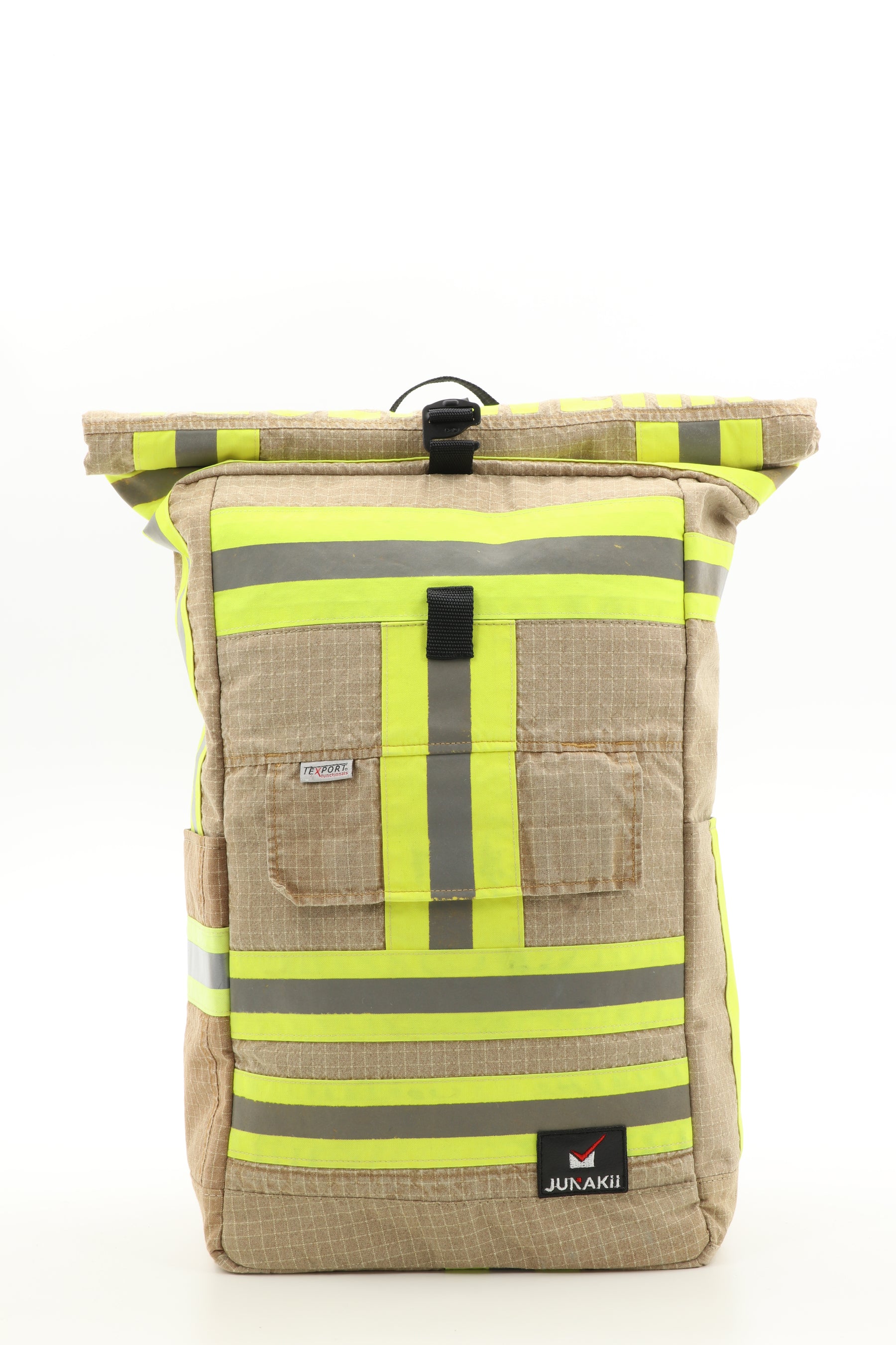 Rolltop Rucksack beige aus upgecycelter Feuerwehrkleidung 63x27x17cm
