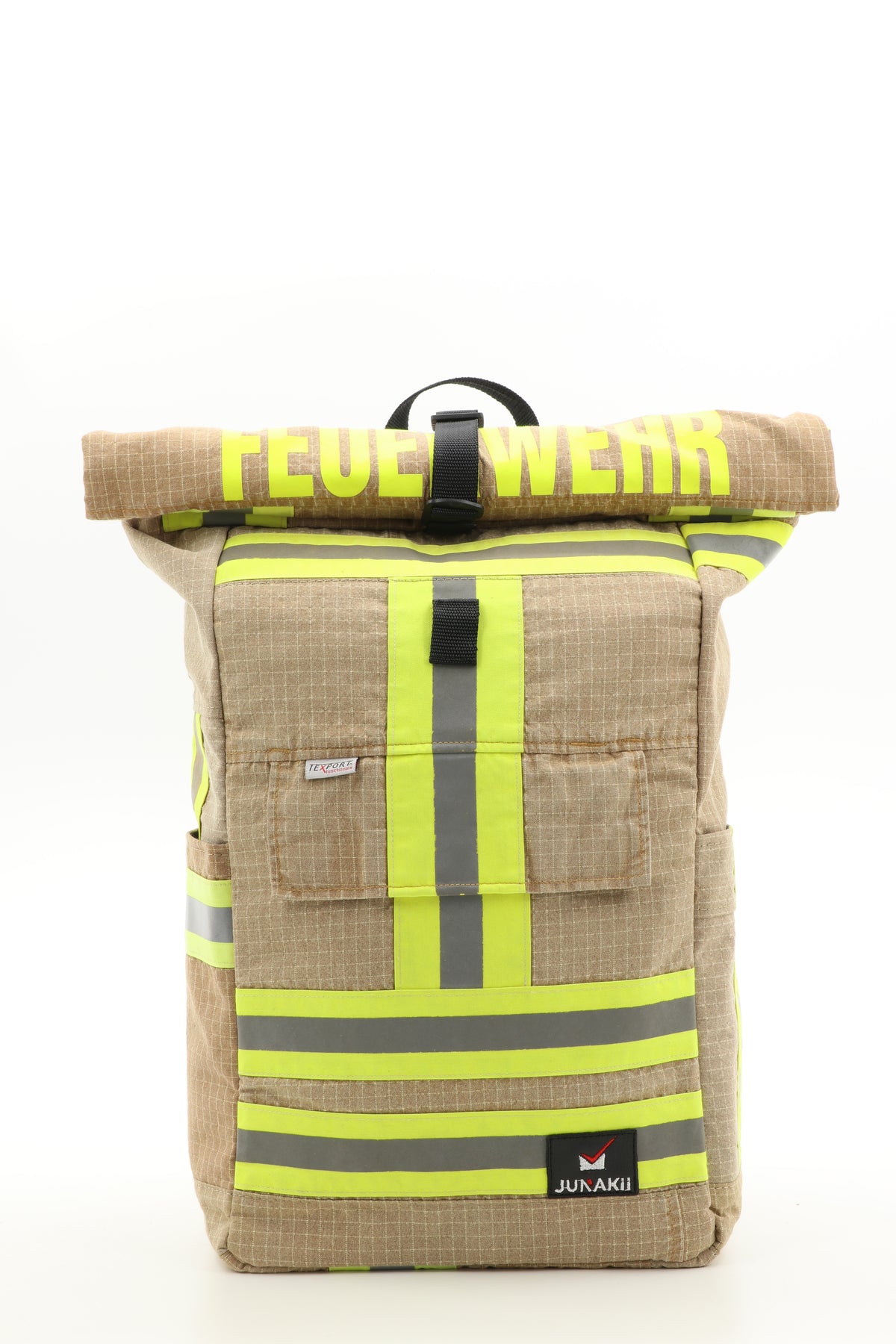 Rolltop Rucksack beige aus upgecycelter Feuerwehrkleidung 63x27x17cm