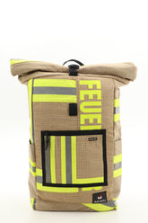 Rolltop Rucksack beige aus upgecycelter Feuerwehrkleidung 63x27x17cm