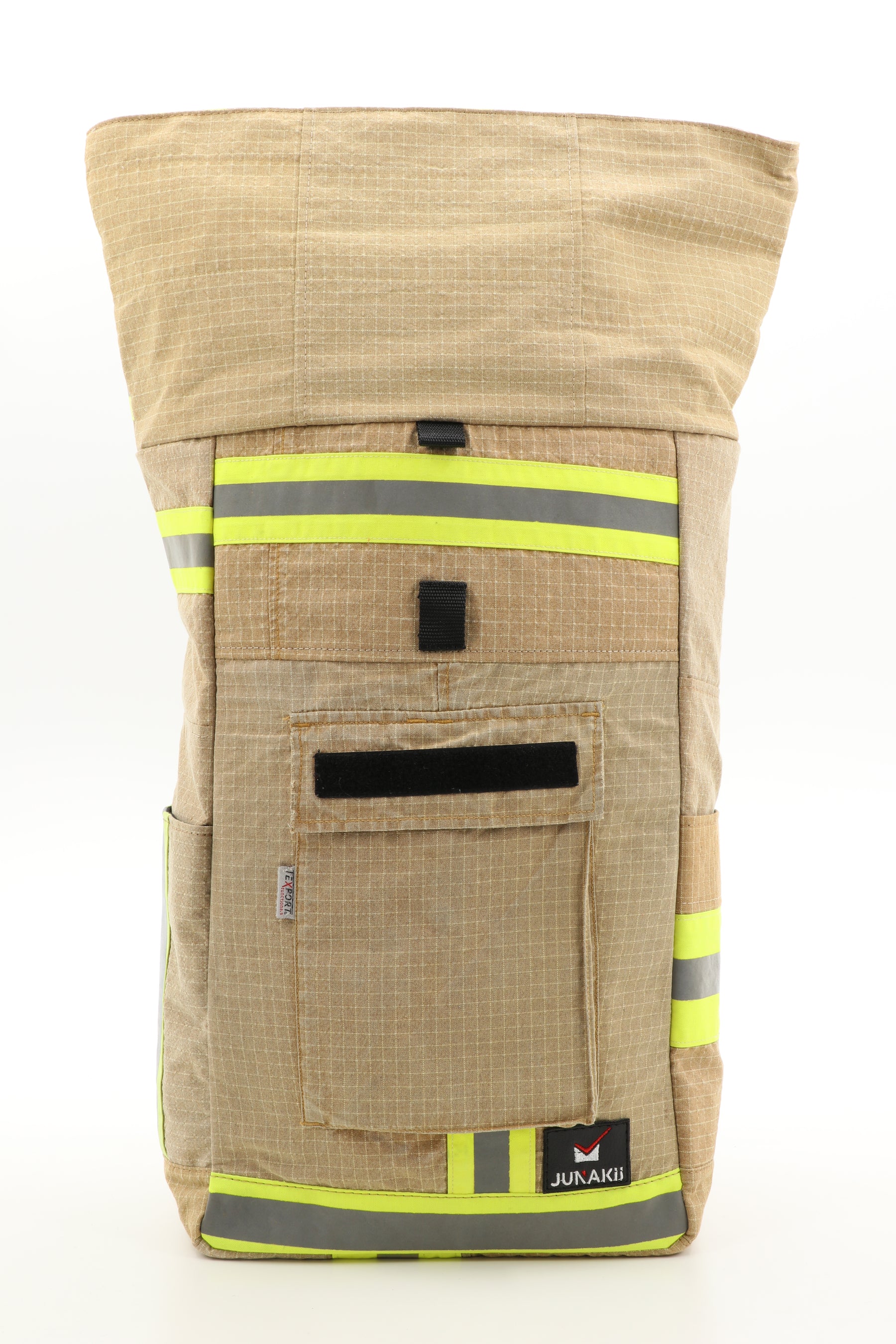 Rolltop Rucksack beige aus upgecycelter Feuerwehrkleidung 63x27x17cm
