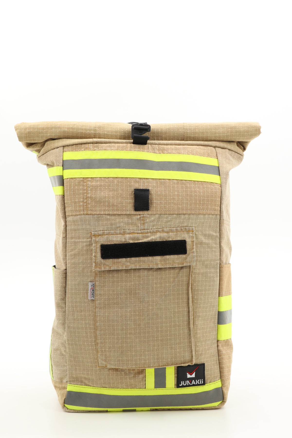 Rolltop Rucksack beige aus upgecycelter Feuerwehrkleidung 63x27x17cm