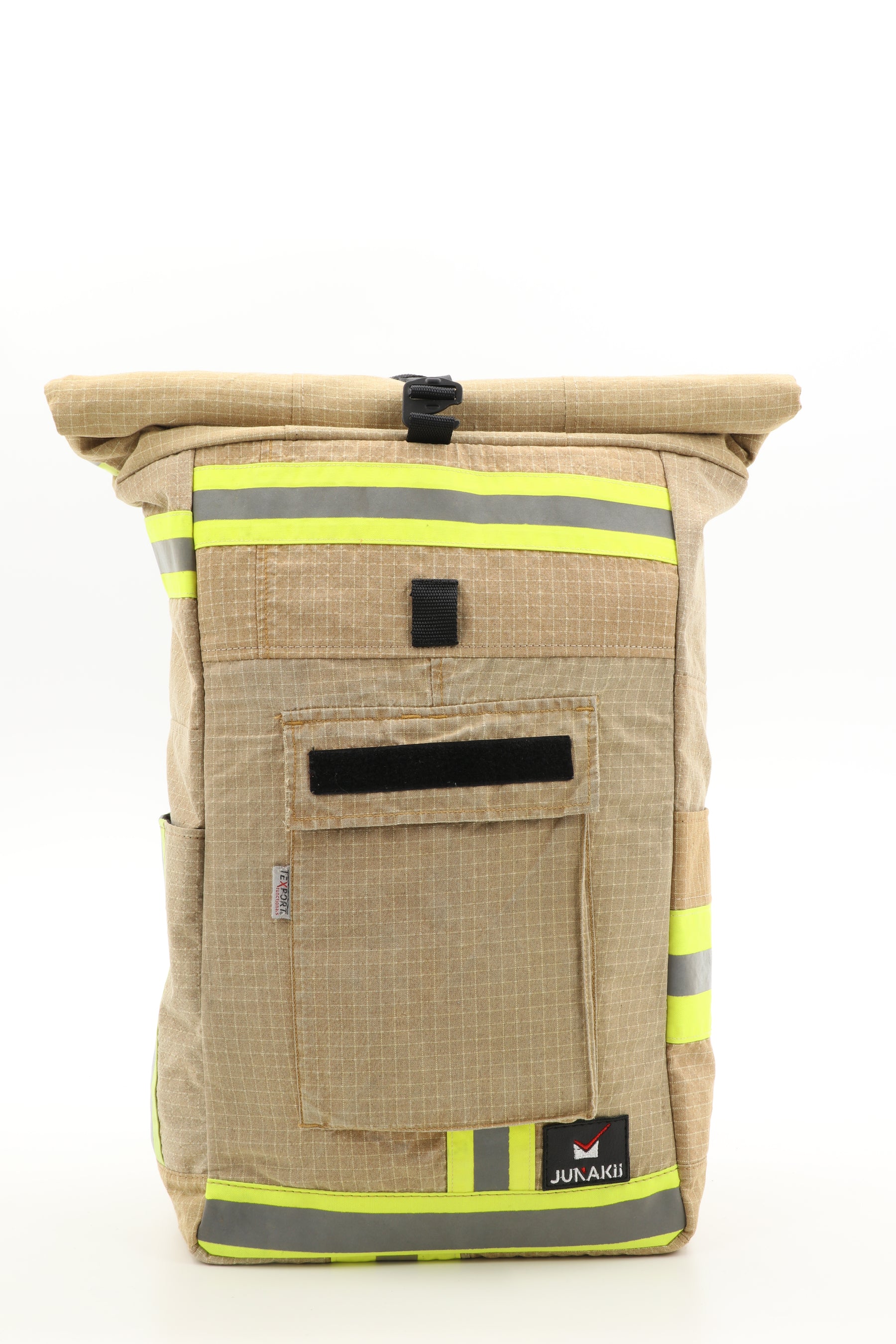 Rolltop Rucksack beige aus upgecycelter Feuerwehrkleidung 63x27x17cm