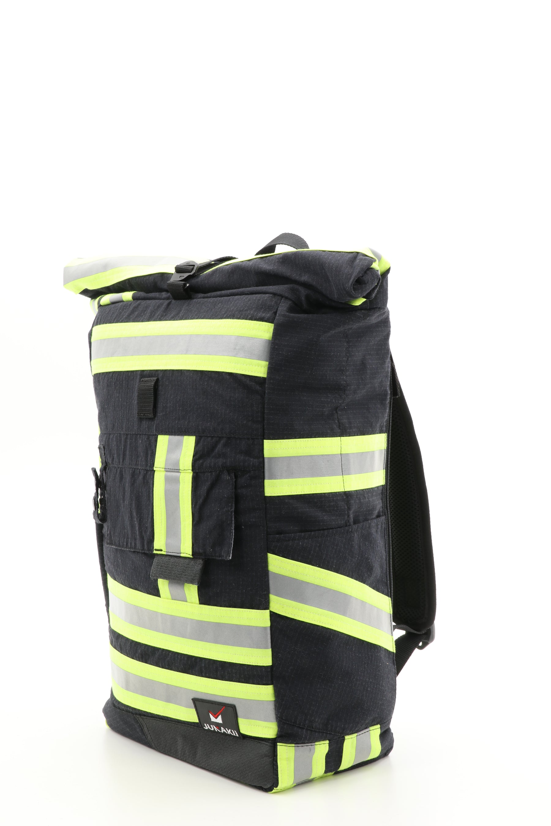 Rolltop Rucksack schwarz gelb aus upgecycelter Feuerwehrkleidung 63x27x17cm