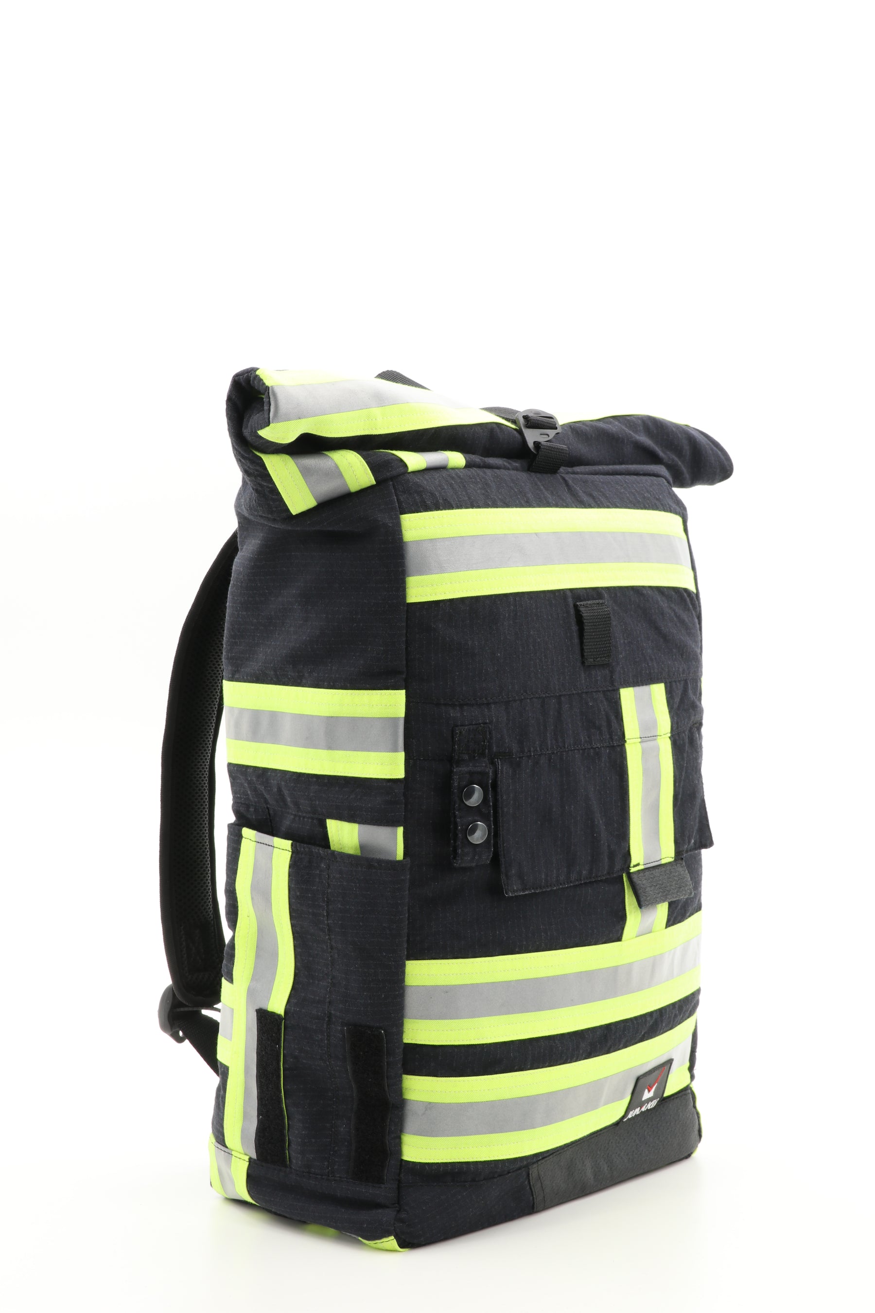 Rolltop Rucksack schwarz gelb aus upgecycelter Feuerwehrkleidung 63x27x17cm