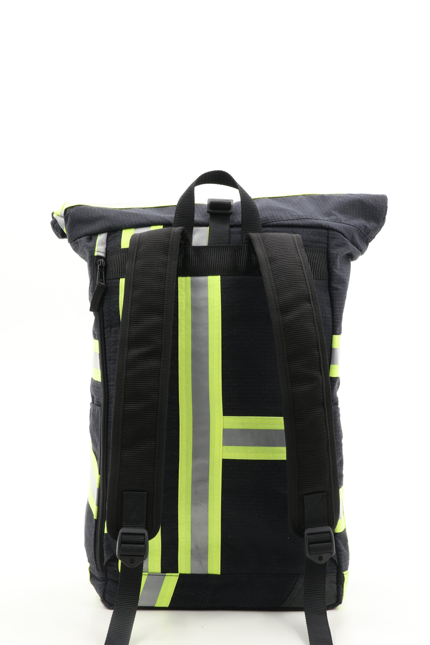 Rolltop Rucksack schwarz gelb aus upgecycelter Feuerwehrkleidung 63x27x17cm