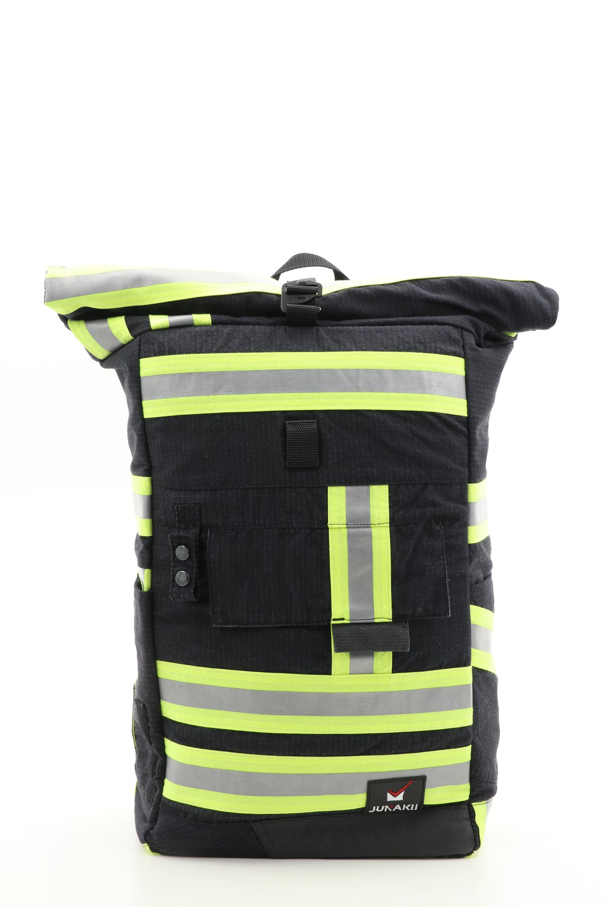 Rolltop Rucksack schwarz gelb aus upgecycelter Feuerwehrkleidung 63x27x17cm