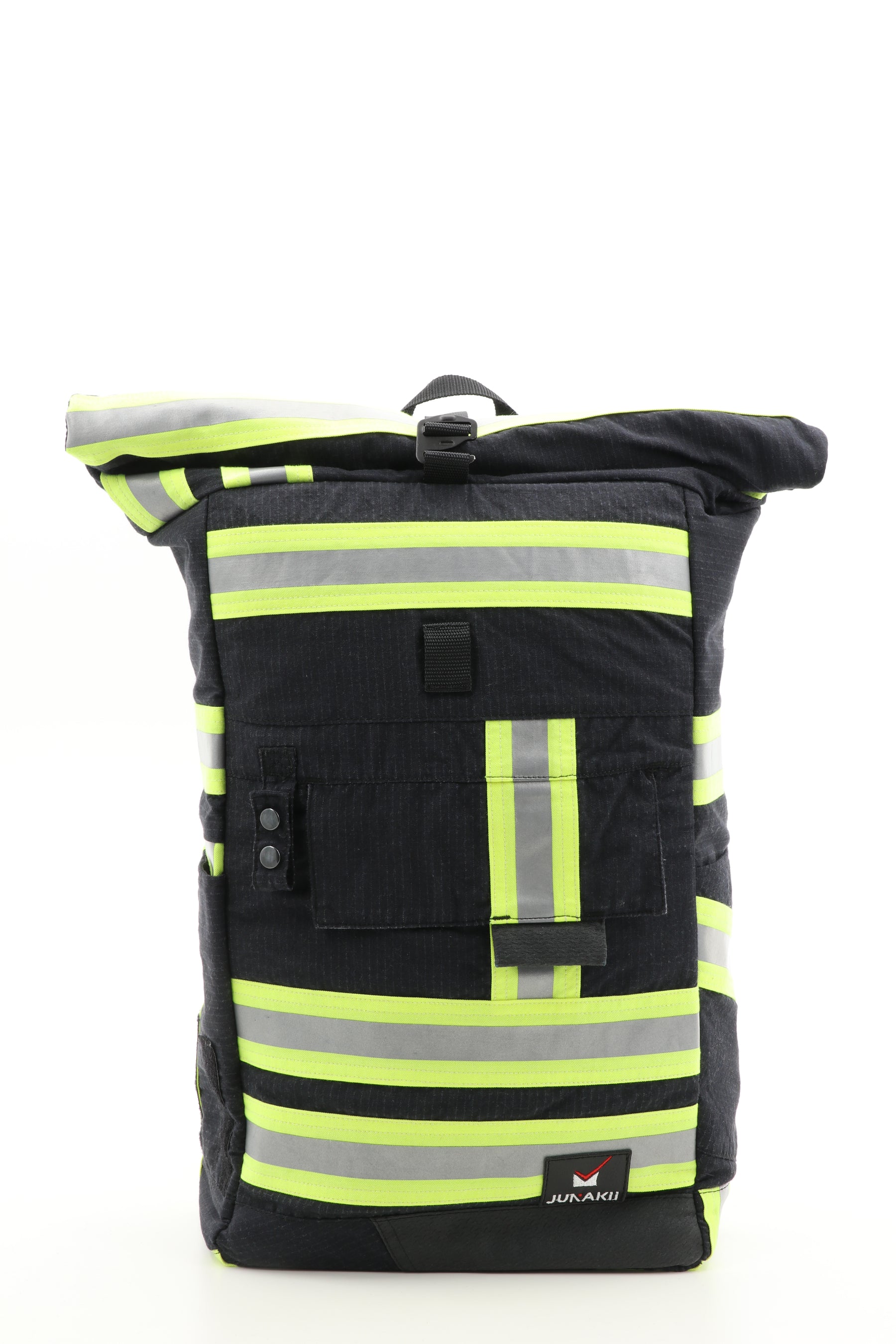Rolltop Rucksack schwarz gelb aus upgecycelter Feuerwehrkleidung 63x27x17cm