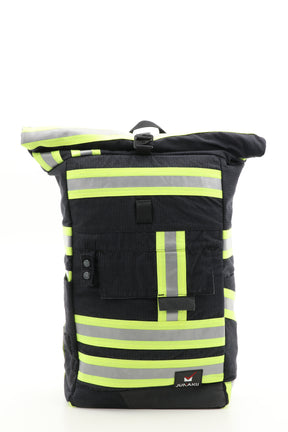 Rolltop Rucksack schwarz gelb aus upgecycelter Feuerwehrkleidung 63x27x17cm