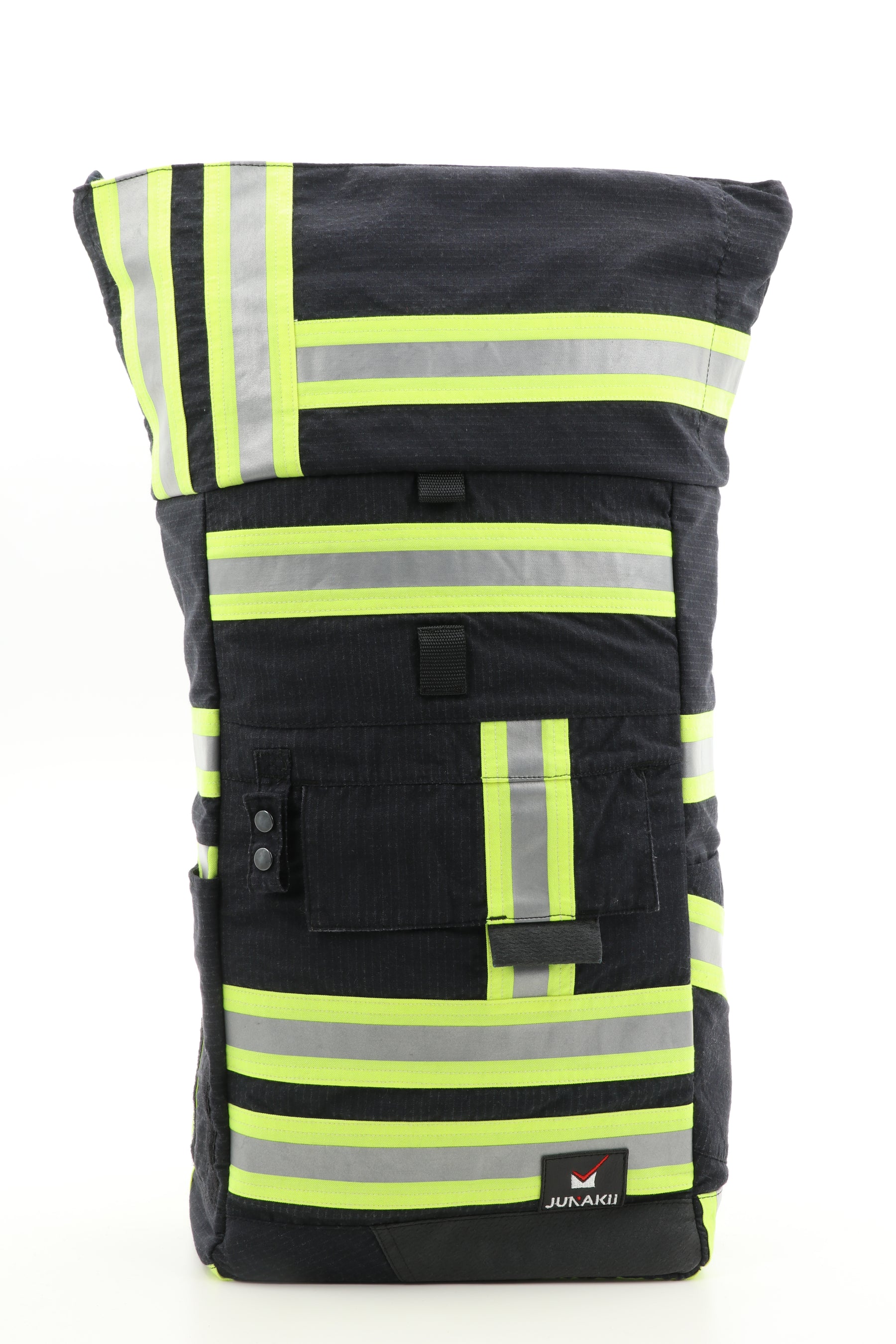 Rolltop Rucksack schwarz gelb aus upgecycelter Feuerwehrkleidung 63x27x17cm